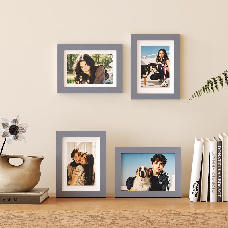 Egofine 5x7 Picture Frames 4 Pack Covered by Plexiglass for Picture 4x6 with Mat or 5x7 whitout Mat Made of Solid Wood for Table Top Display and Wall Mounting Photo Frame, Dark Gray - Image 5